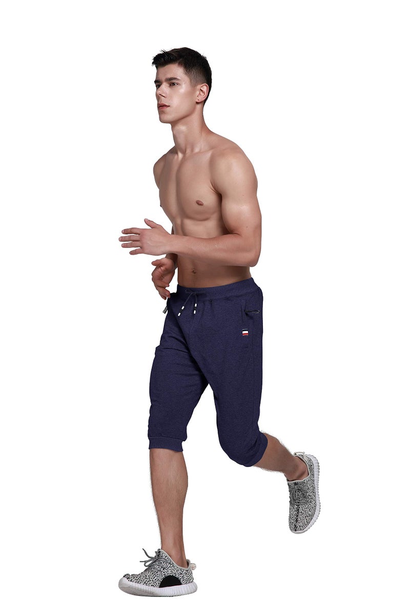 YSENTO Mens 3/4 Yoga Capri Pants Jogger Shorts Sports Training Running Shorts Blue 34 - Image 3